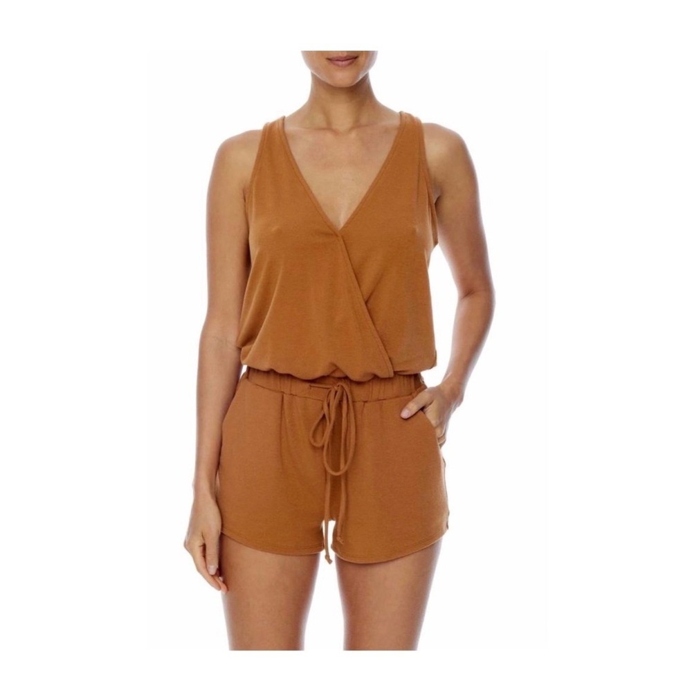 NWT LBLC The Label Womens Brown Sleeveless Surplice Wrap Romper Drawstring Waist